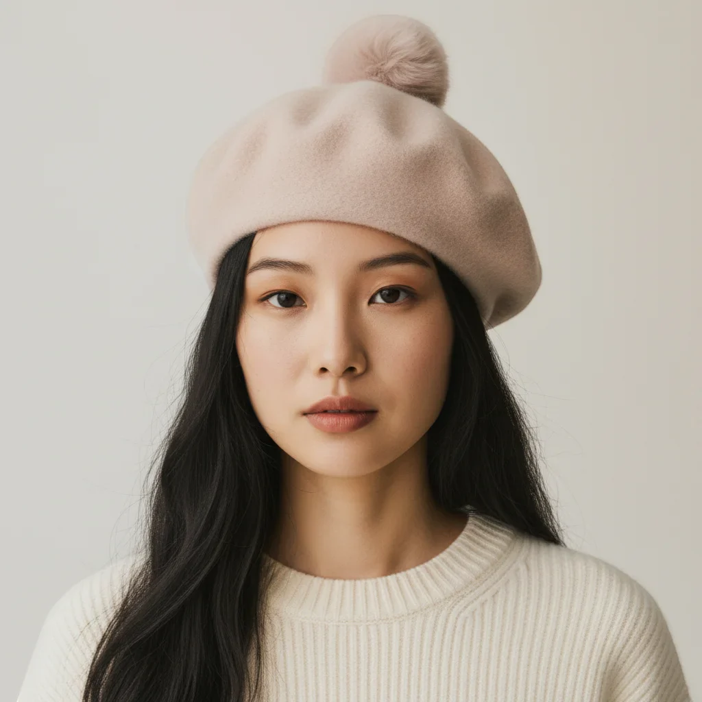 Beige Beret with Pom Pom - Image 2