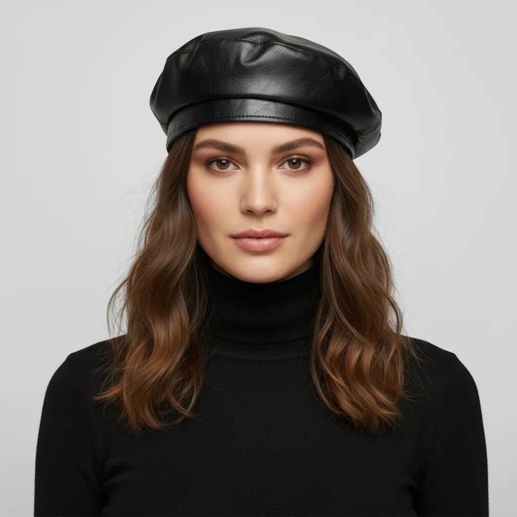 Black Faux Leather Beret - Image 2