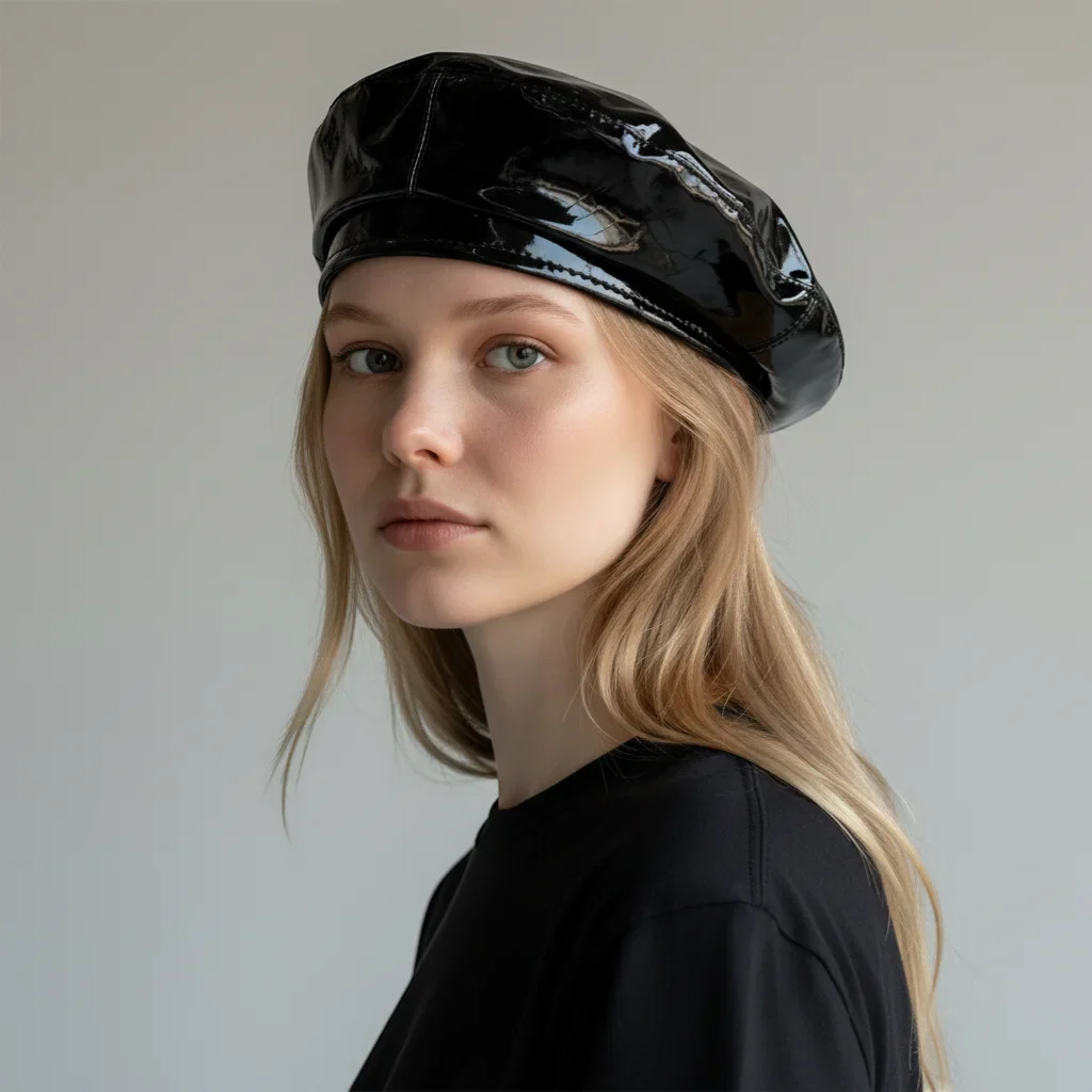 Black Glossy Leather Beret - Image 2