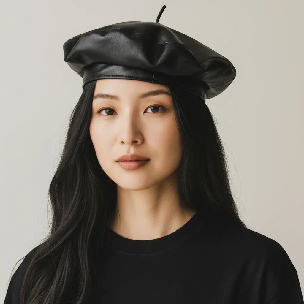 Black Leather Beret Hat - Image 3