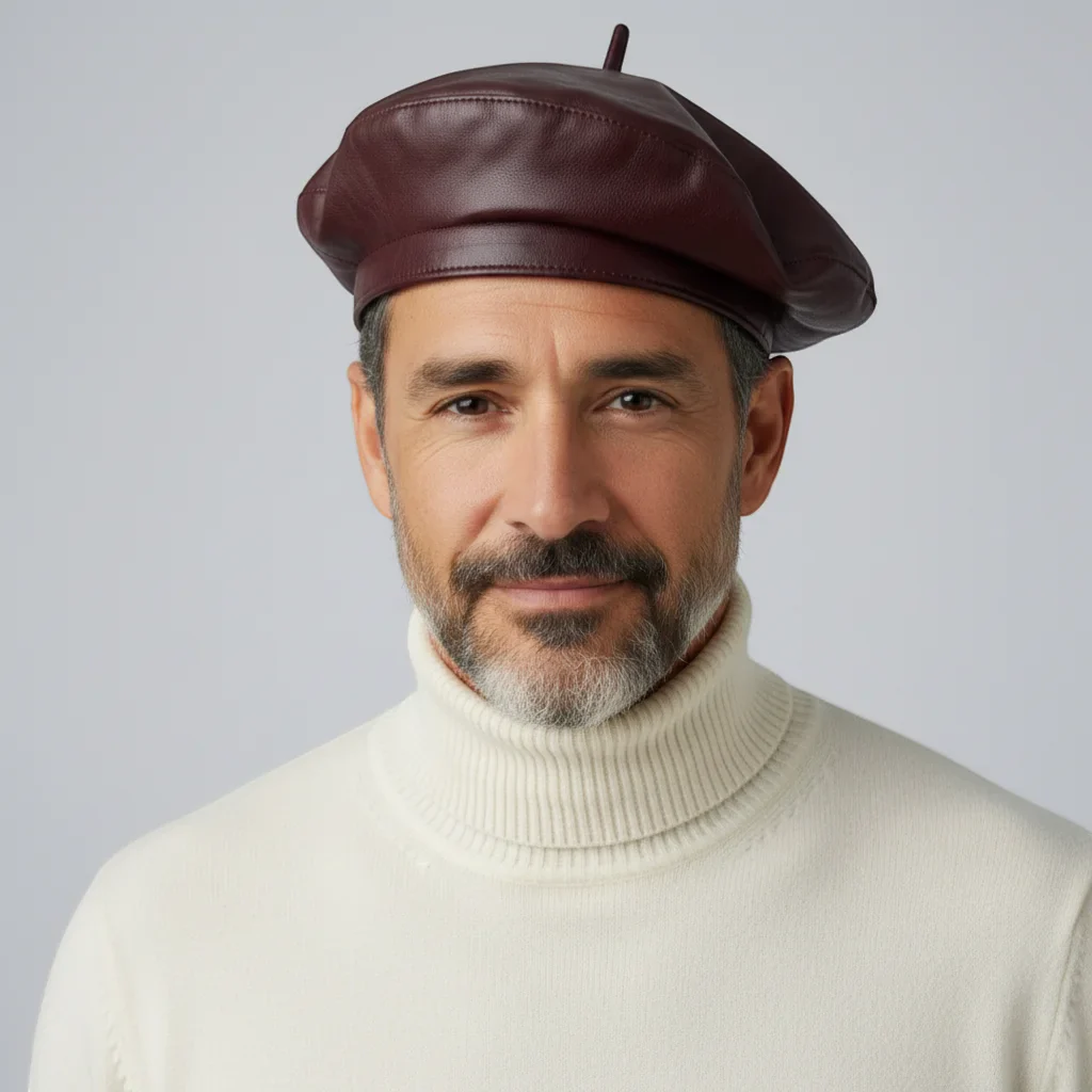 Brown Leather Beret with Brim - Image 3