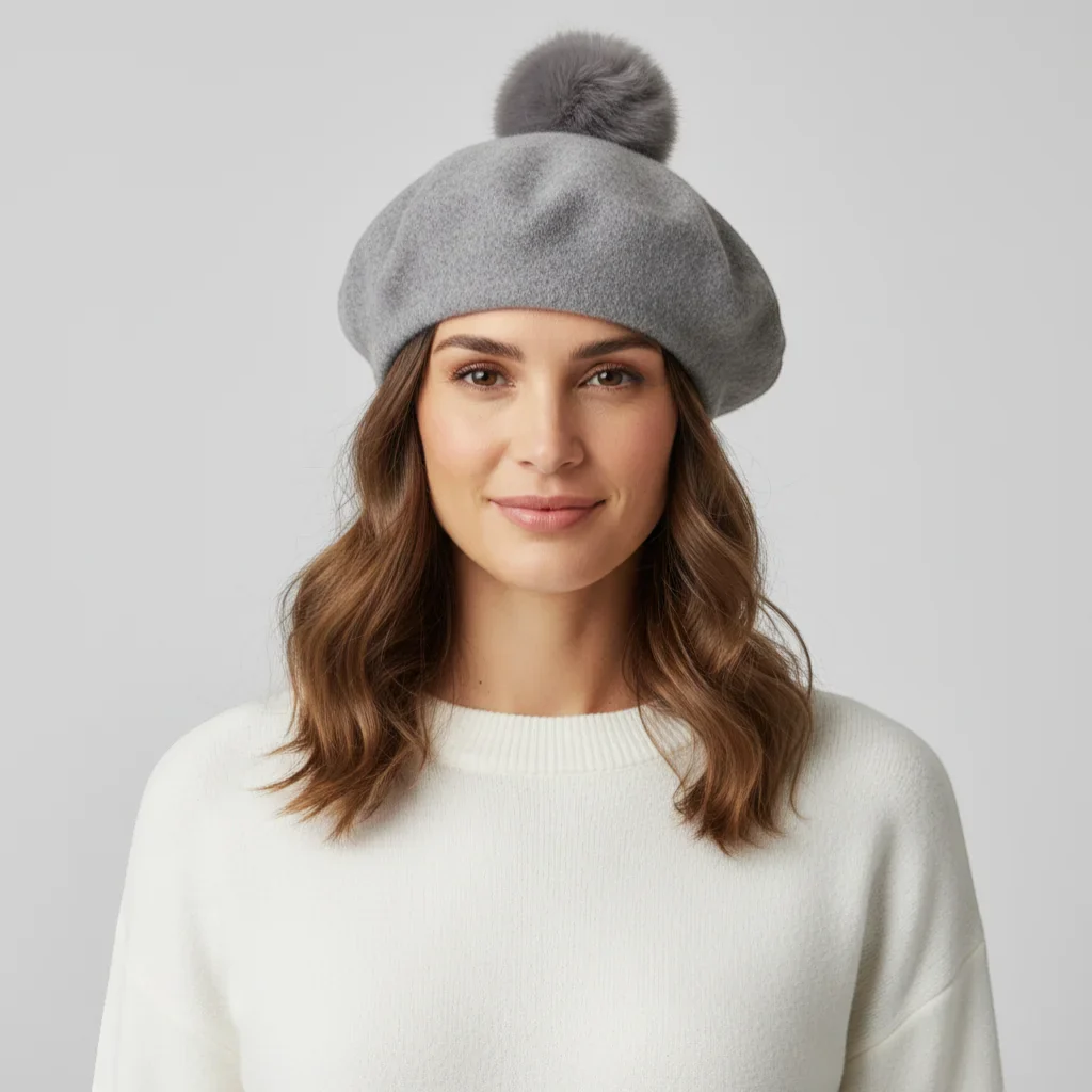 Grey Beret with Pom Pom - Image 2