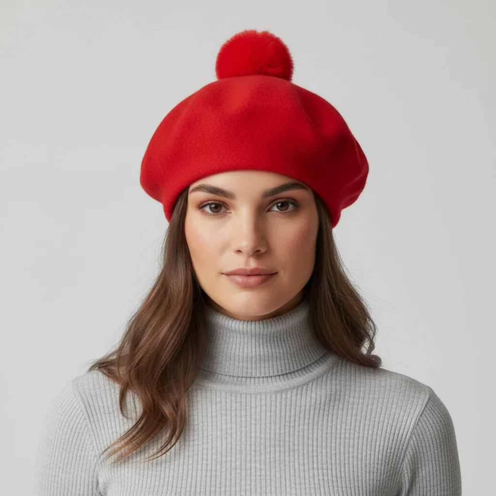 Red Beret with Pom Pom - Image 2